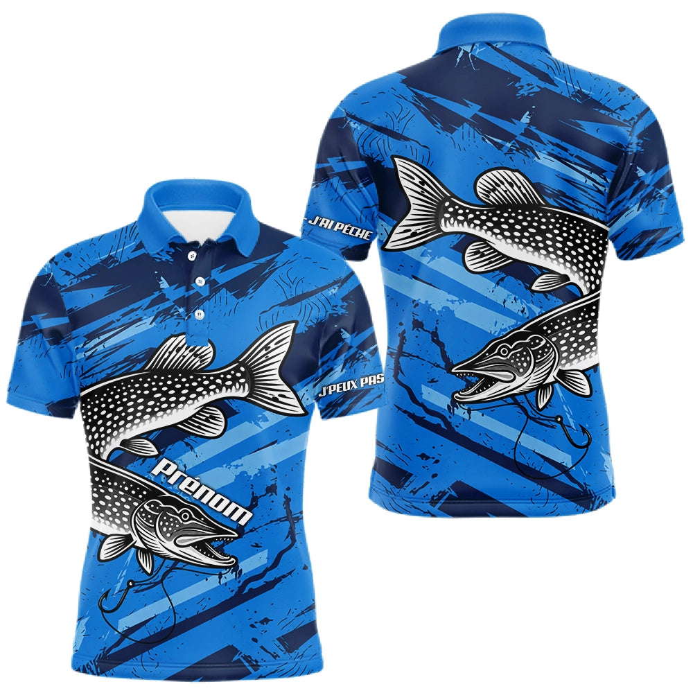 Maillot de Pêcheur Sportif Anti UV - Brochet Bleu Personnalisé - Polo Homme