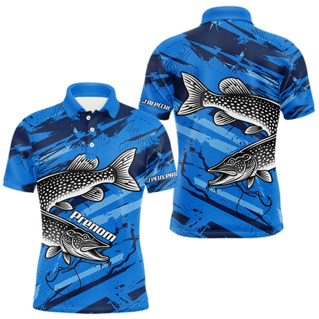 Maillot de Pêcheur Sportif Anti UV - Brochet Bleu Personnalisé - Polo Homme