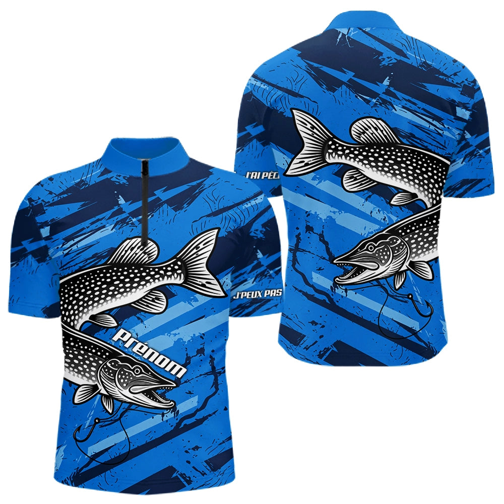 Maillot de Pêcheur Sportif Anti UV - Brochet Bleu Personnalisé - Polo Zippé Homme