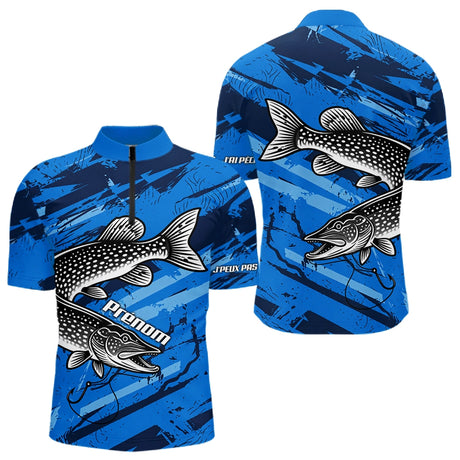 Maillot de Pêcheur Sportif Anti UV - Brochet Bleu Personnalisé - Polo Zippé Homme