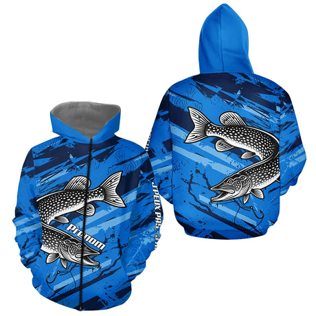 Maillot de Pêcheur Sportif Anti UV - Brochet Bleu Personnalisé - Zippé Shirt Homme