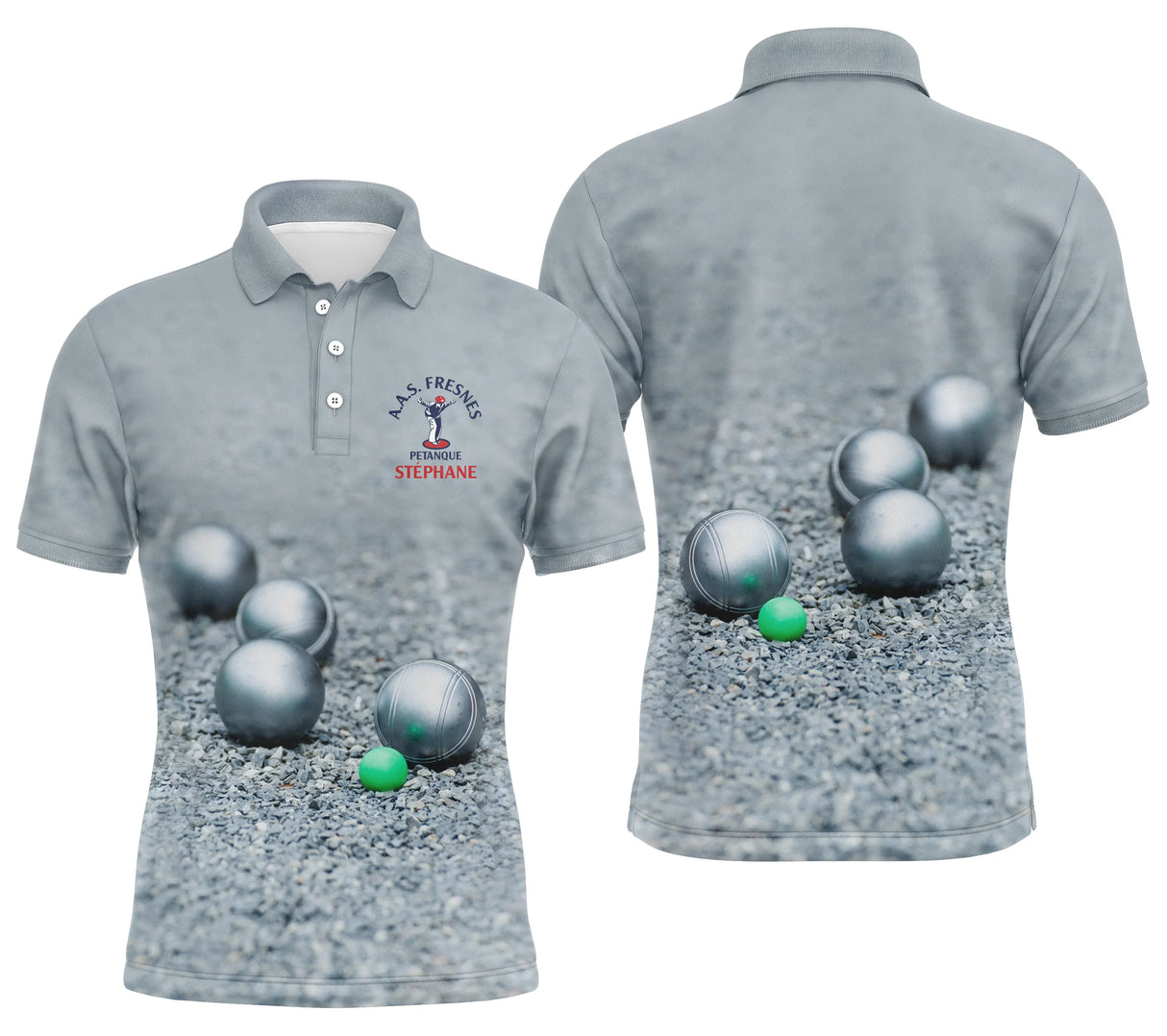 Polo pétanque bleu marine A.A.S. Fresnes vue alternative, design boules photoréalistes lancer en action