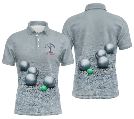 Polo pétanque bleu marine A.A.S. Fresnes vue alternative, design boules photoréalistes lancer en action