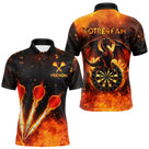 Polo fléchettes personnalisé homme noir et orange avec dragon enflammé, cible et fléchettes en feu
