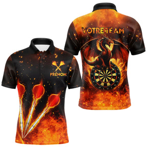 Polo fléchettes personnalisé homme noir et orange avec dragon enflammé, cible et fléchettes en feu