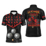 Polo pétanque personnalisé homme noir marbré et rouge avec silhouettes joueurs et slogan « C'est une passion »