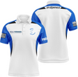 Polo pétanque personnalisé homme blanc et bleu avec empiècements bleus, logos club Baulé Pétanque et sponsor sur poitrine