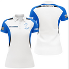 Polo pétanque personnalisé femme blanc et bleu en coupe cintrée avec logos club et sponsor sur la poitrine