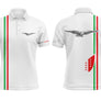 Polo Guzzi Valais blanc homme avec rayures rouge et vert, logo aigle Moto Guzzi et écusson canton du Valais