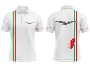 Polo Guzzi Valais blanc homme avec rayures rouge et vert, logo aigle Moto Guzzi et écusson canton du Valais