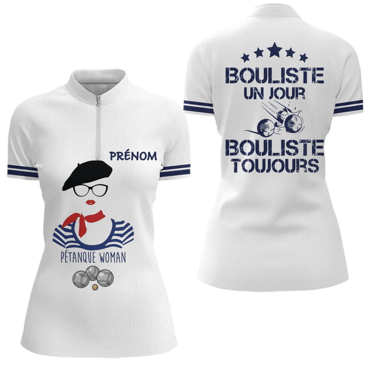 Polo Blanc Bouliste Un Jour Pétanque - Homme Femme Sur Mesure - Polo Zippé Femme