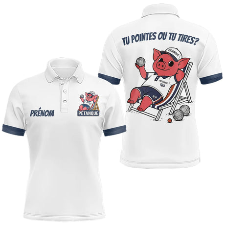 Polo Blanc & Marine Pétanque - Design Cochonnet Drôle - Polo Homme