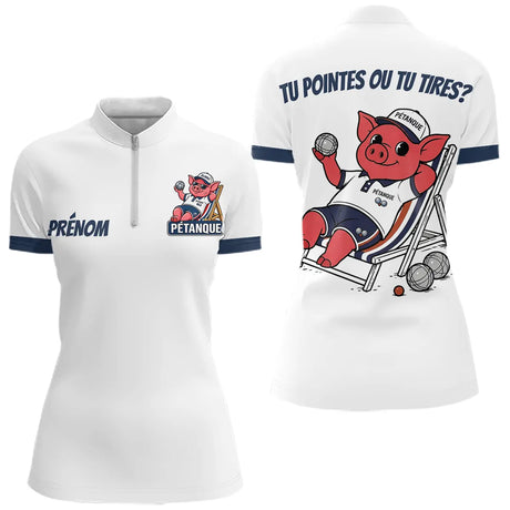 Polo Blanc & Marine Pétanque - Design Cochonnet Drôle - Polo Zippé Femme
