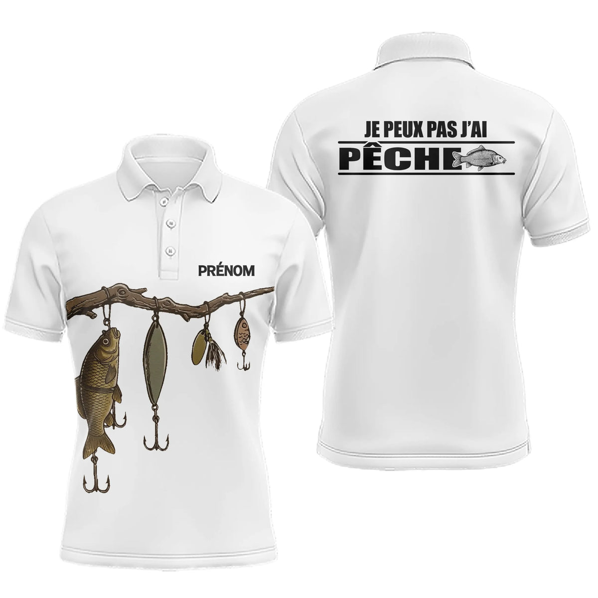 Polo Blanc Pêcheur Personnalisé - Je Peux Pas J'ai Pêche - Polo Homme