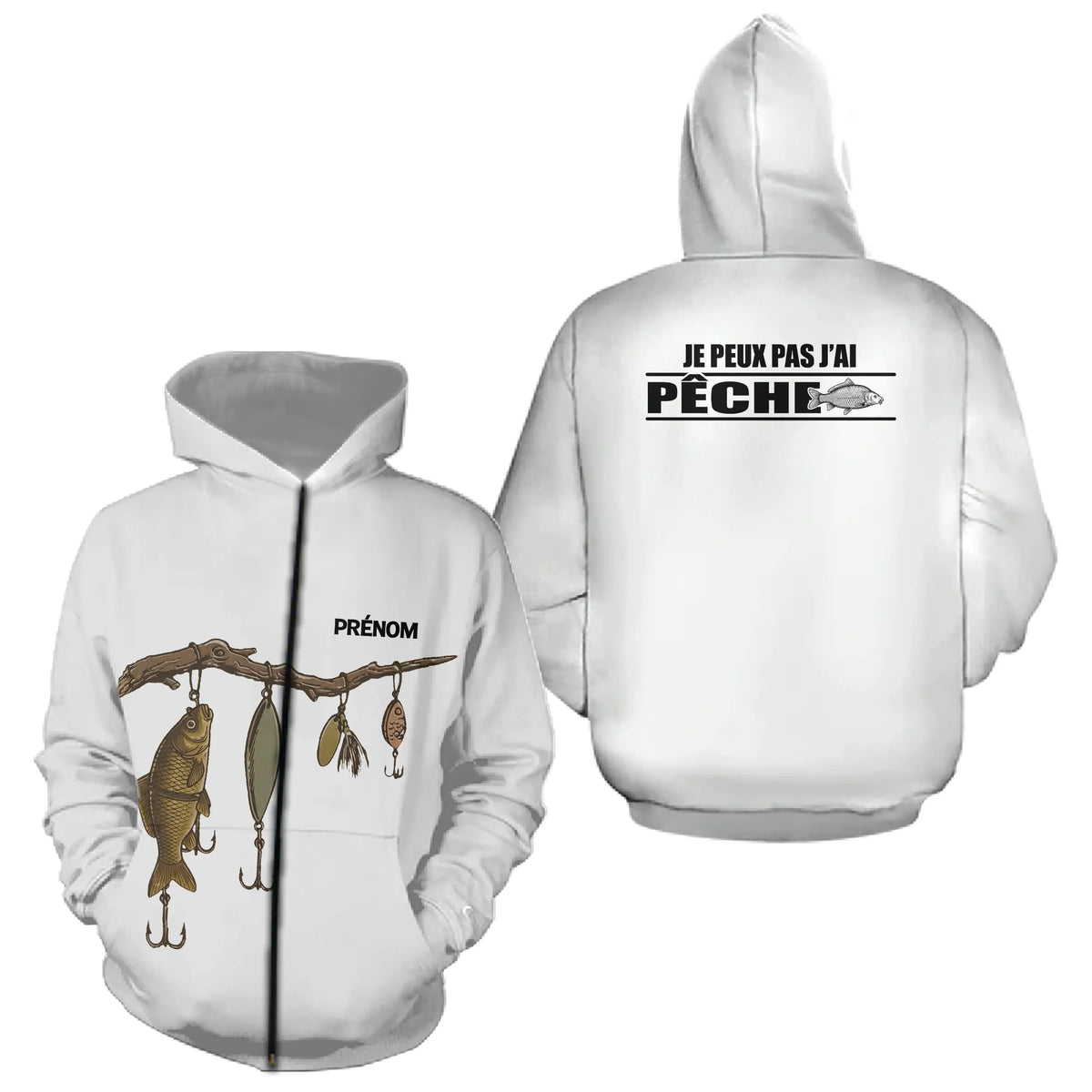 Polo Blanc Pêcheur Personnalisé - Je Peux Pas J'ai Pêche - Zippe Hoodie Homme