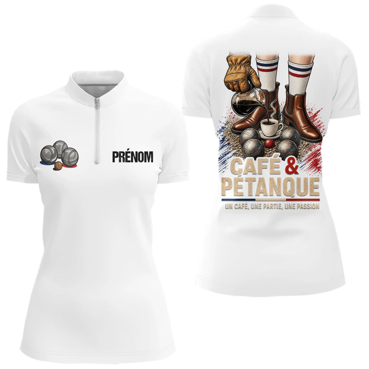 Polo Blanc Pétanque - Café & Passion Homme Femme - Polo Zippé Femme
