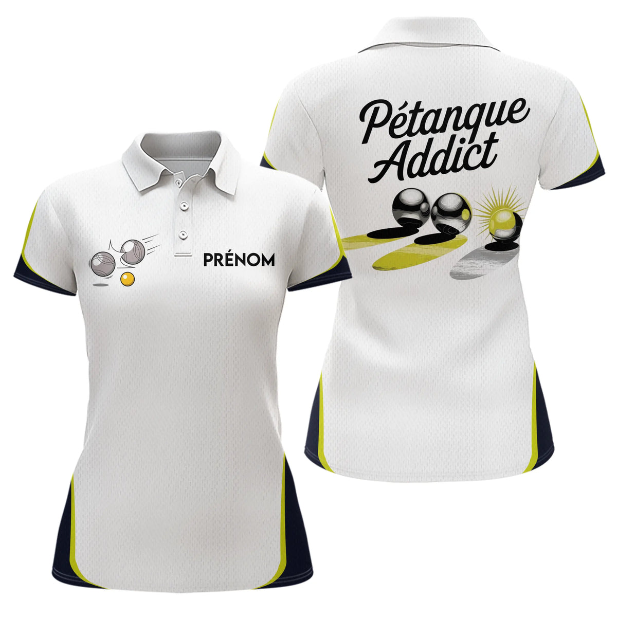 Polo Blanc Pétanque Addict - Personnalisé Bouliste Blanc & Jaune - Polo Femme