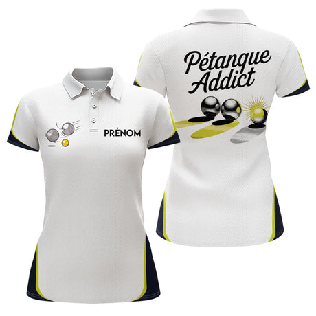 Polo Blanc Pétanque Addict - Personnalisé Bouliste Blanc & Jaune - Polo Femme