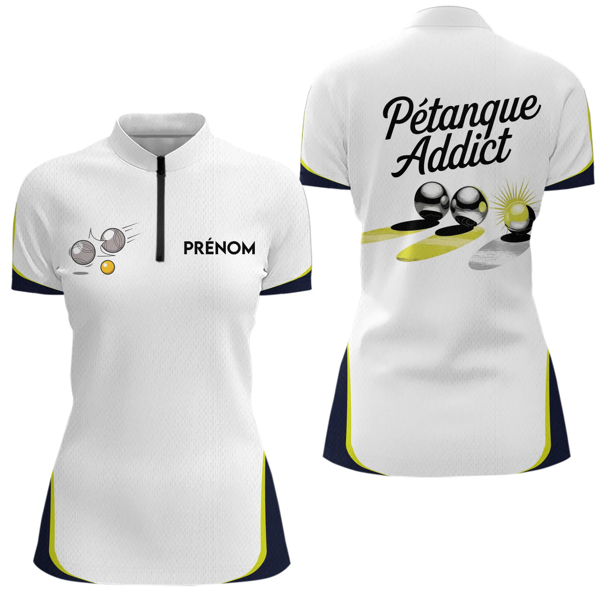 Polo Blanc Pétanque Addict - Personnalisé Bouliste Blanc & Jaune - Polo Zippé Femme