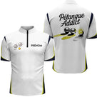Polo Blanc Pétanque Addict - Personnalisé Bouliste Blanc & Jaune - Polo Zippé Homme