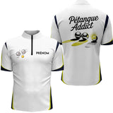 Polo Blanc Pétanque Addict - Personnalisé Bouliste Blanc & Jaune - Polo Zippé Homme