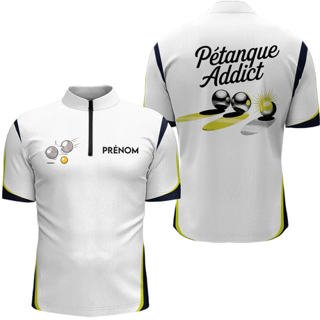 Polo Blanc Pétanque Addict - Personnalisé Bouliste Blanc & Jaune - Polo Zippé Homme