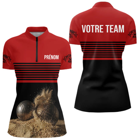 Polo Boules Pétanque Personnalisé - Rouge et Noir Prénom - Polo Zippé Femme