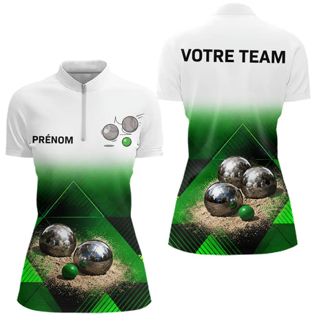 Polo Boules Pétanque Tenue Unique - Nom & Équipe Blanc Vert - Polo Zippé Femme
