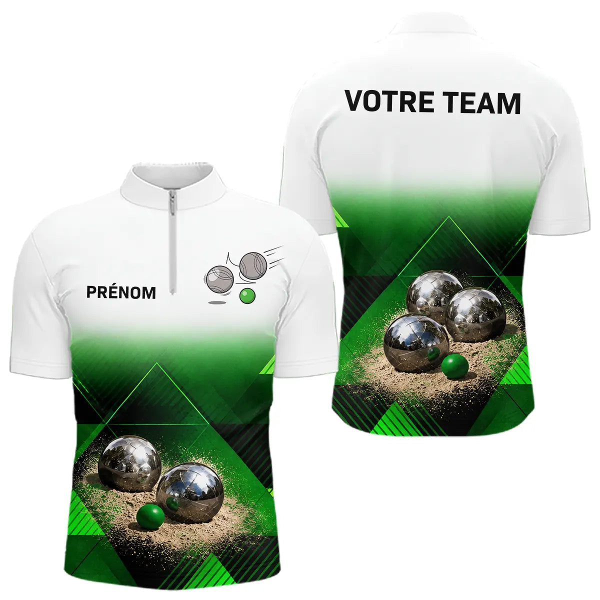 Polo Boules Pétanque Tenue Unique - Nom & Équipe Blanc Vert - Polo Zippé Homme
