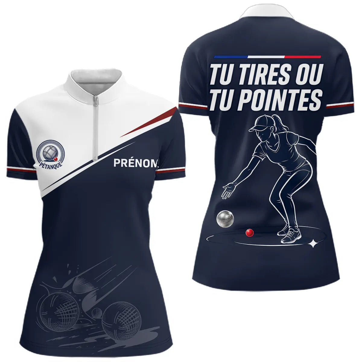 Polo Bouliste Pétanque Homme Femme - Bleu Marine - Polo Zippé Femme
