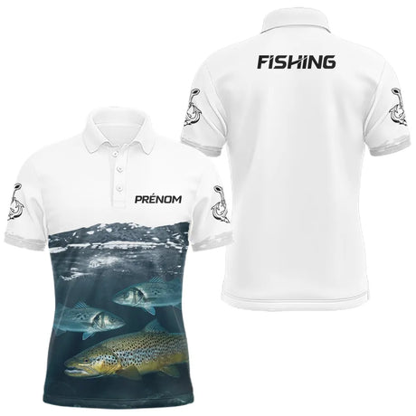 Polo Cadeau Pêche Personnalisé Prénom - Blanc & Bleu Truite - Polo Homme