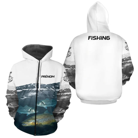 Polo Cadeau Pêche Personnalisé Prénom - Blanc & Bleu Truite - Zippé Hoodie Homme