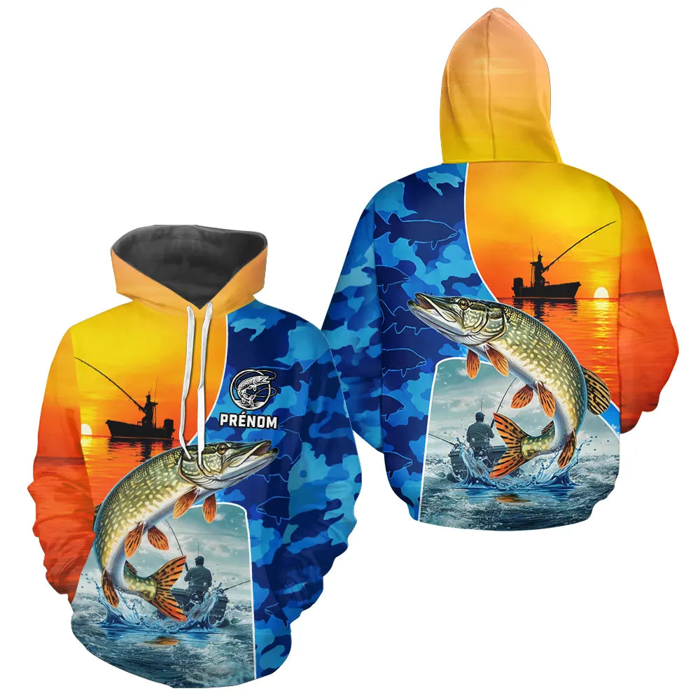 Polo Cadeau Pêcheur Brochet - Orange & Bleu Personnalisable - Hoodie Homme