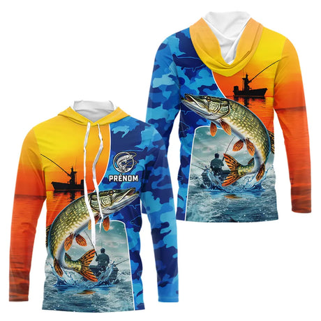 Polo Cadeau Pêcheur Brochet - Orange & Bleu Personnalisable - Long Sleeves Hoodie Homme