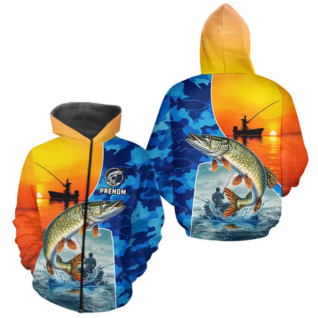 Polo Cadeau Pêcheur Brochet - Orange & Bleu Personnalisable - Zippé Hoodie Homme