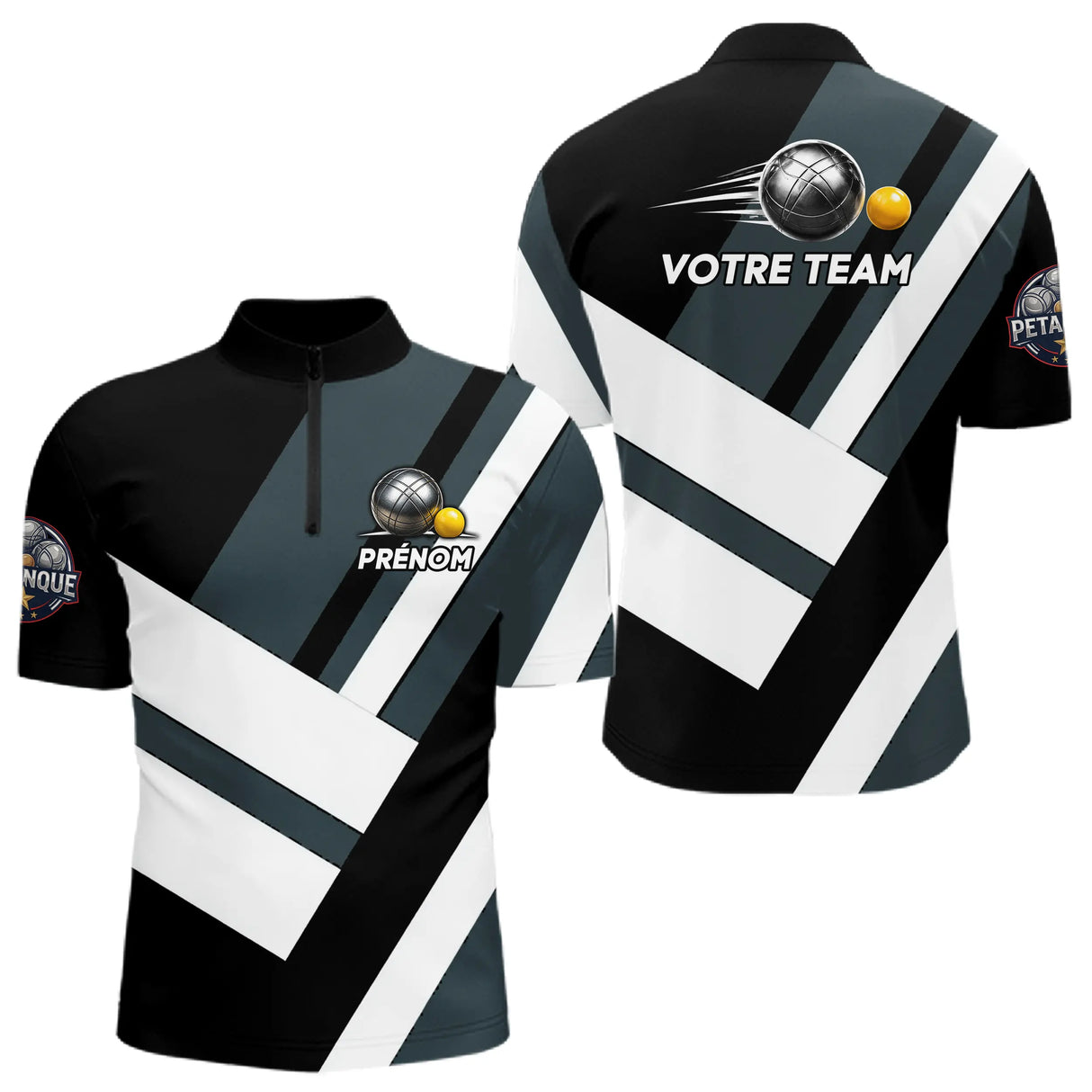 Polo Cadeau Pétanque - Boules Noir & Gris Équipe - Polo Zippé Homme