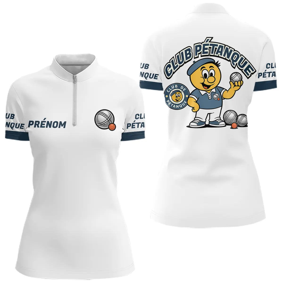 Polo Cadeau Pétanque - Bouliste Blanc & Bleu Personnalisé - Polo Zippé Femme