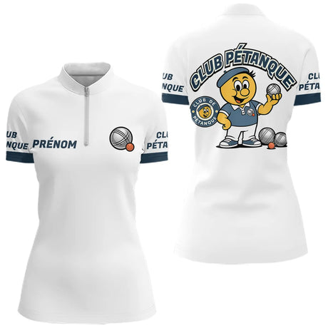 Polo Cadeau Pétanque - Bouliste Blanc & Bleu Personnalisé - Polo Zippé Femme