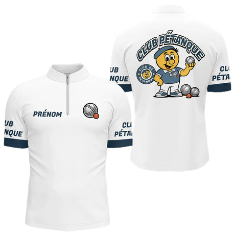 Polo Cadeau Pétanque - Bouliste Blanc & Bleu Personnalisé - Polo Zippé Homme