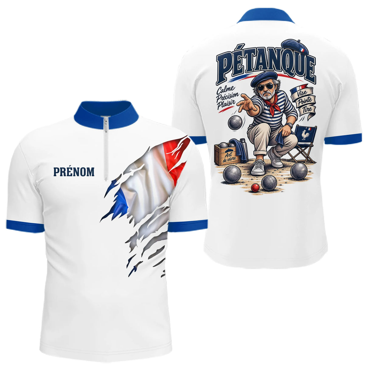 Polo Cadeau Pétanque Homme Femme - Passion Drapeau Français - Polo Zippé Homme