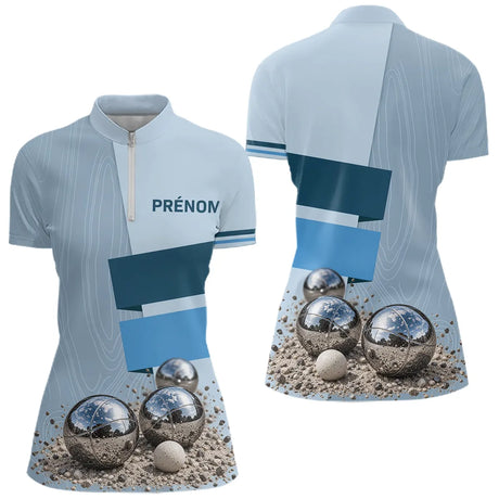 Polo Cadeau Pétanque Homme Femme - Personnalisé Bleu Boules - Polo Zippé Femme