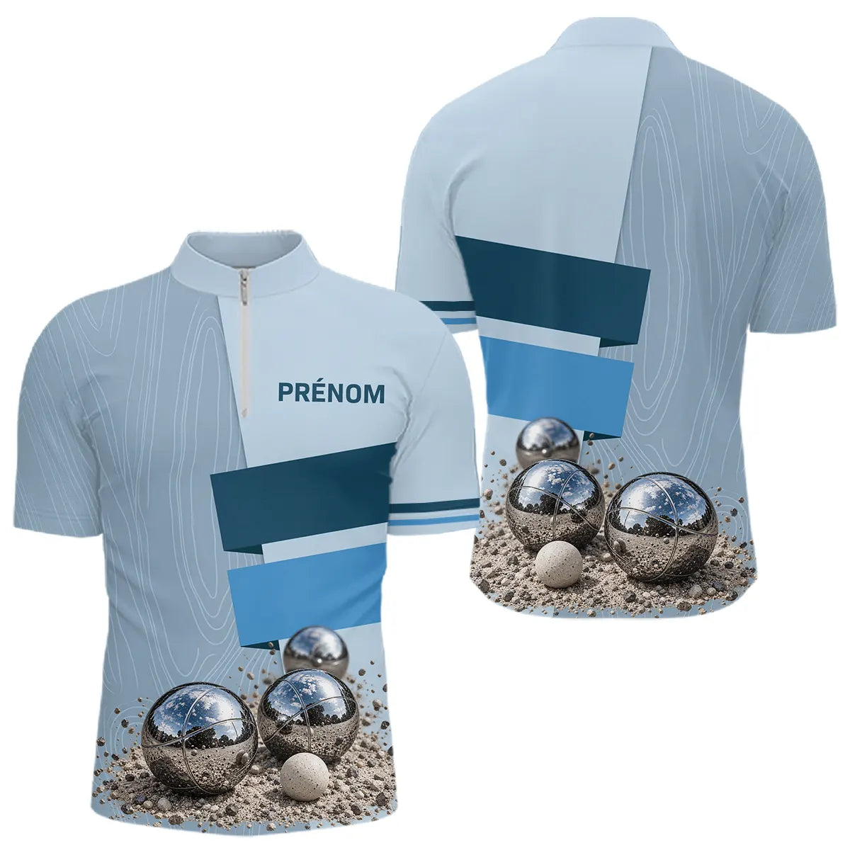 Polo Cadeau Pétanque Homme Femme - Personnalisé Bleu Boules - Polo Zippé Homme