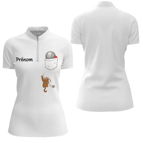 Polo Cadeau Pétanque Personnalisé Prénom - Style Unique Blanc - Polo Zippé Femme