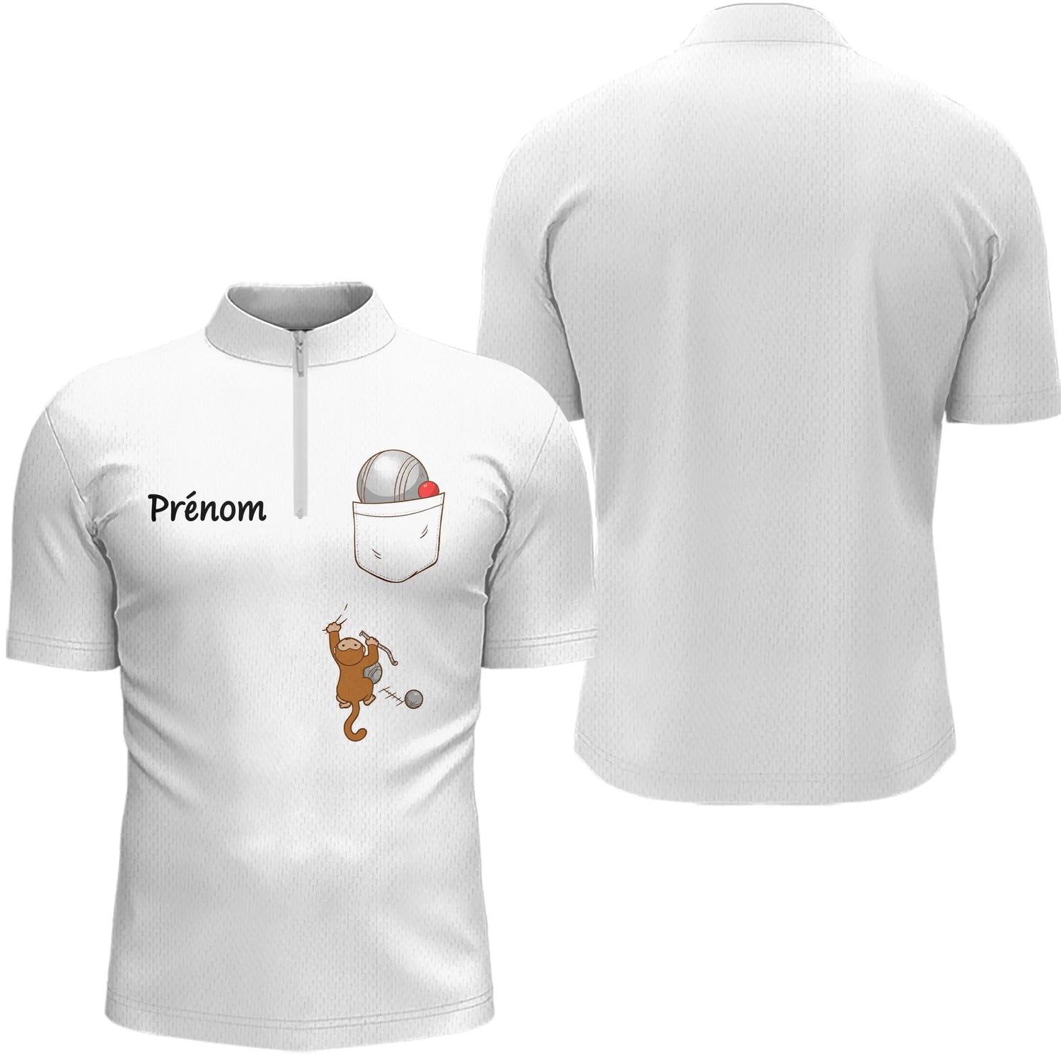 Polo Cadeau Pétanque Personnalisé Prénom - Style Unique Blanc - Polo Zippé Homme