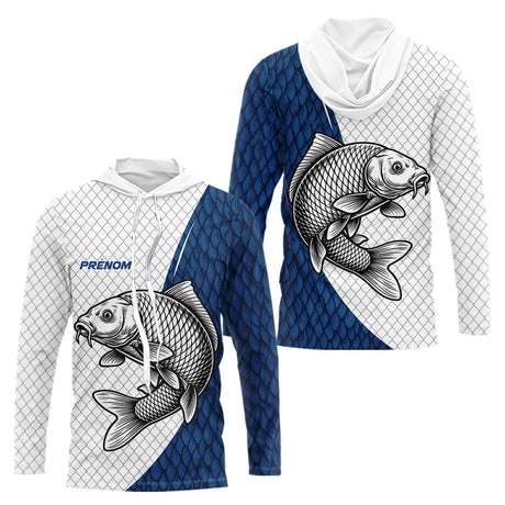 Polo Carpiste Personnalisé - Motif Écailles Bleu Et Blanc - Long Sleeves Hoodie Homme