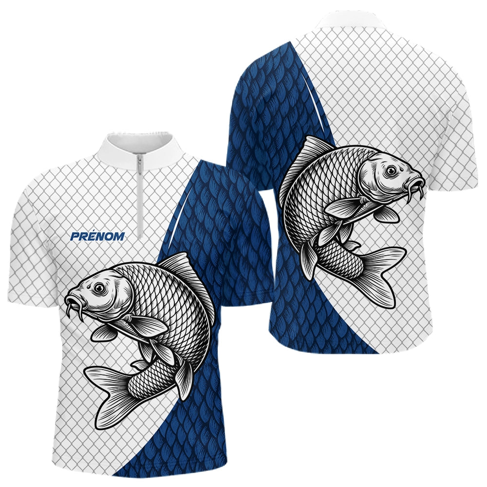 Polo Carpiste Personnalisé - Motif Écailles Bleu Et Blanc - Polo Zippe Homme