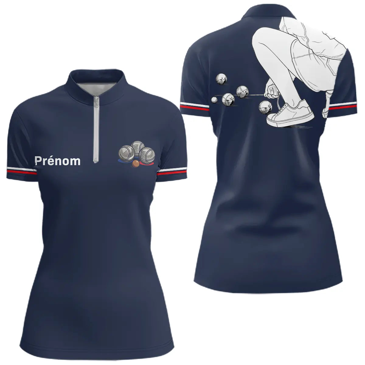Polo Club Pétanque Homme Femme - Personnalisé Bleu Marine - Polo Zippé Femme
