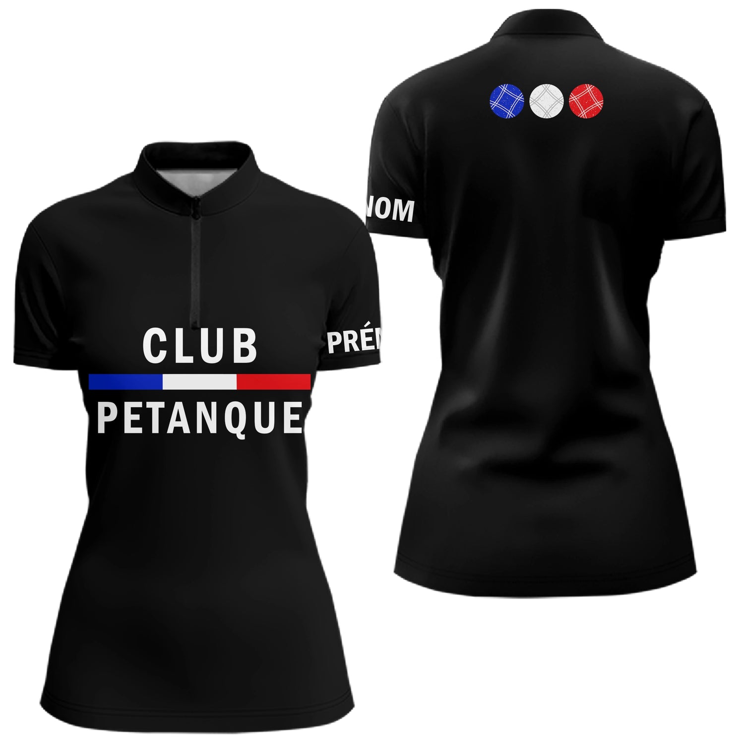 Polo Club Pétanque Noir Personnalisé - Français & Boulistes - Polo Zippé Femme