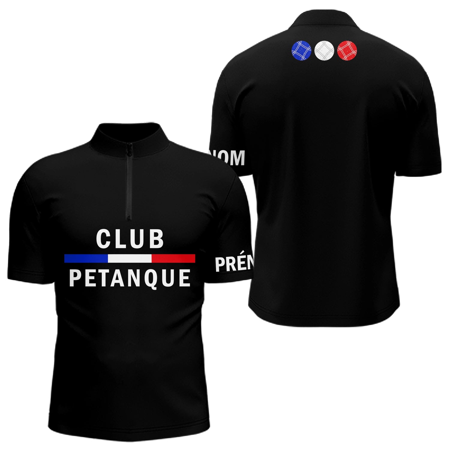 Polo Club Pétanque Noir Personnalisé - Français & Boulistes - Polo Zippé Homme