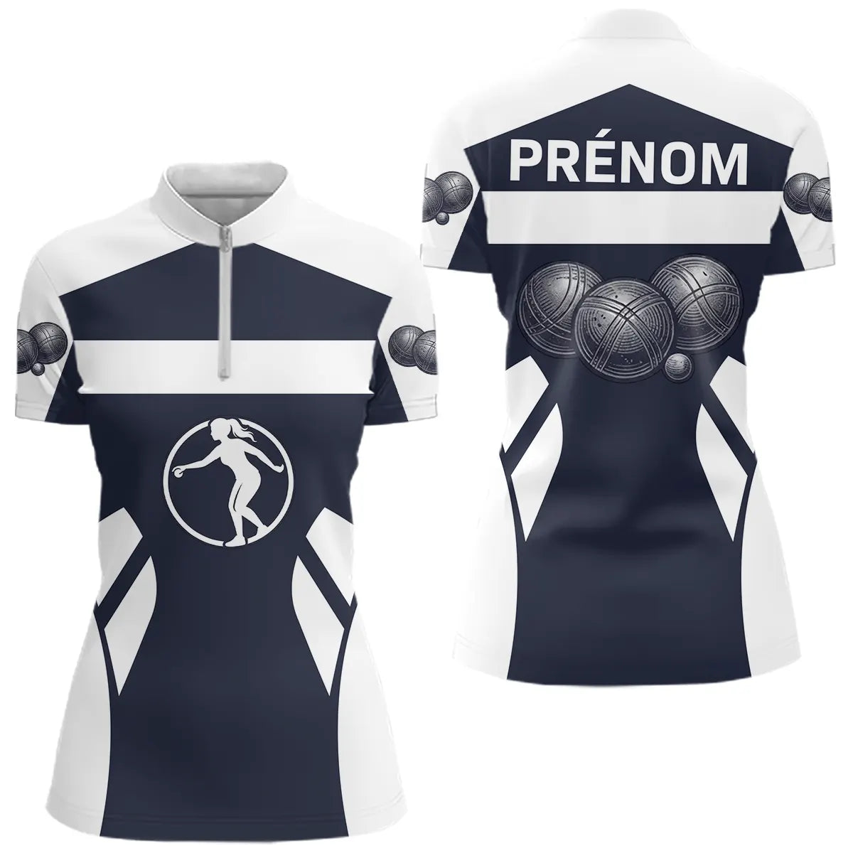 Polo Club Pétanque Personnalisé - Bleu & Blanc Boules - Polo Zippé Femme
